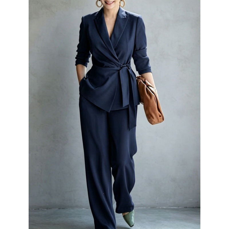 Women's casual solid color suit lace up top and pants two-piece set
