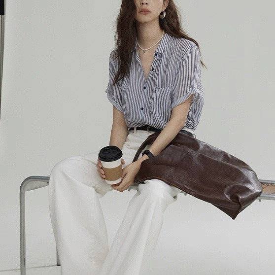 Breathable Ramie Short Sleeve Shirt Elegant High-end Blouse