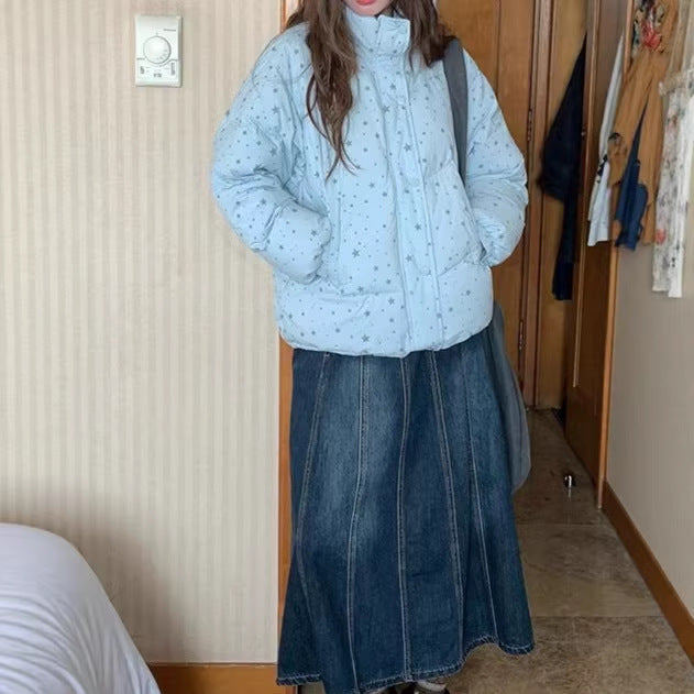 Denim Skirt Women's Loose Patchwork High Waist Long A-Line Skirt