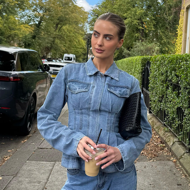Pocket denim zipper solid color jacket