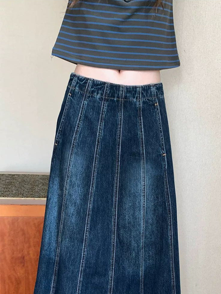 Denim Skirt Women's Loose Patchwork High Waist Long A-Line Skirt