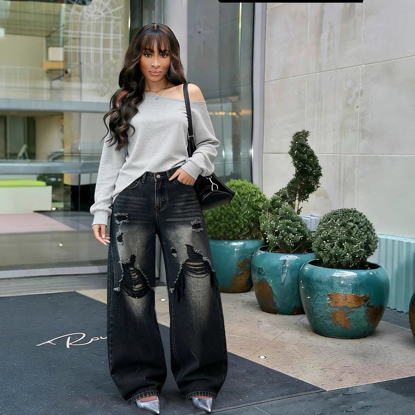 Layered Patchwork Ripped Washed Straight Leg Jeans