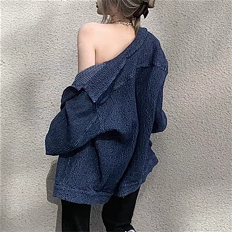 Boyfriend style loose mid length denim jacket ins women's new lazy style top