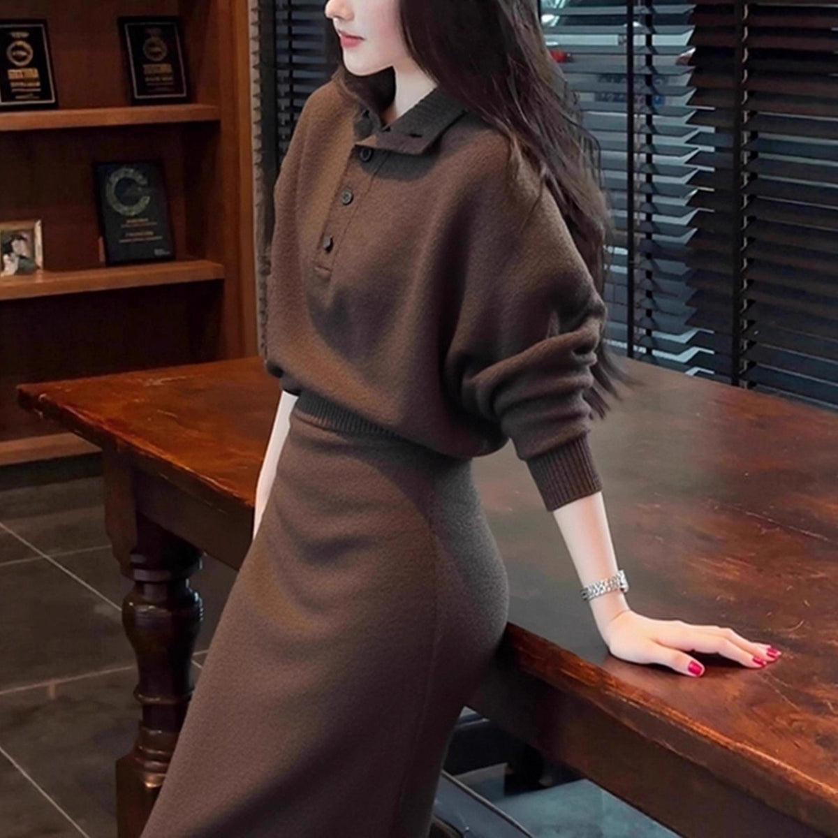 Chic Brown Sweater Dress Set for Women, Elegant and Sophisticated Outfit, Casual and Stylish Two-Piece Ensemble
