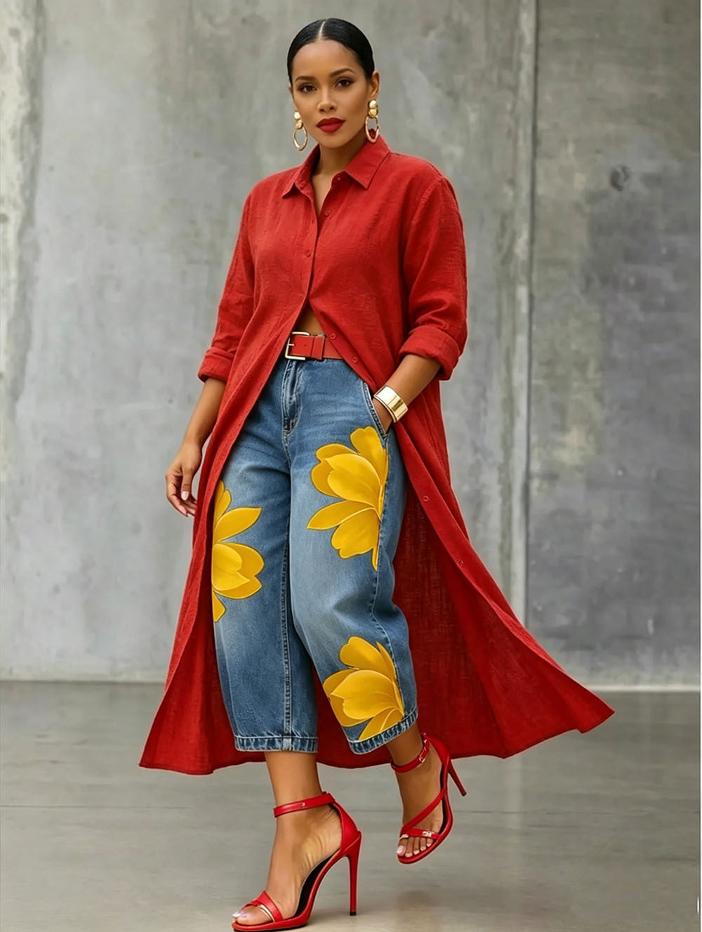 Women's Floral Denim Pants Street Style Printed Design Cropped Jeans