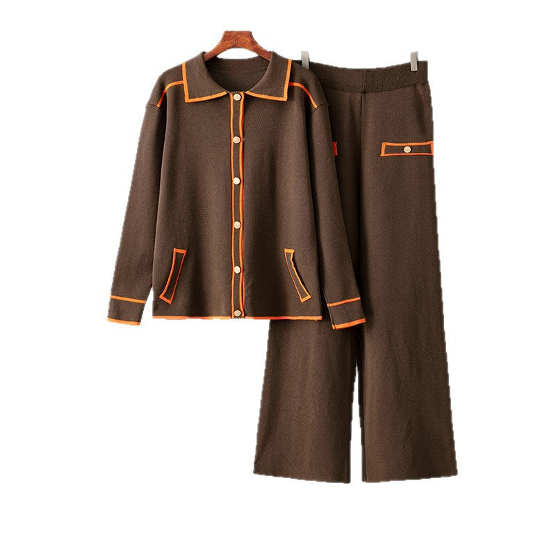 Polo collar sweater wide leg pants two-piece set