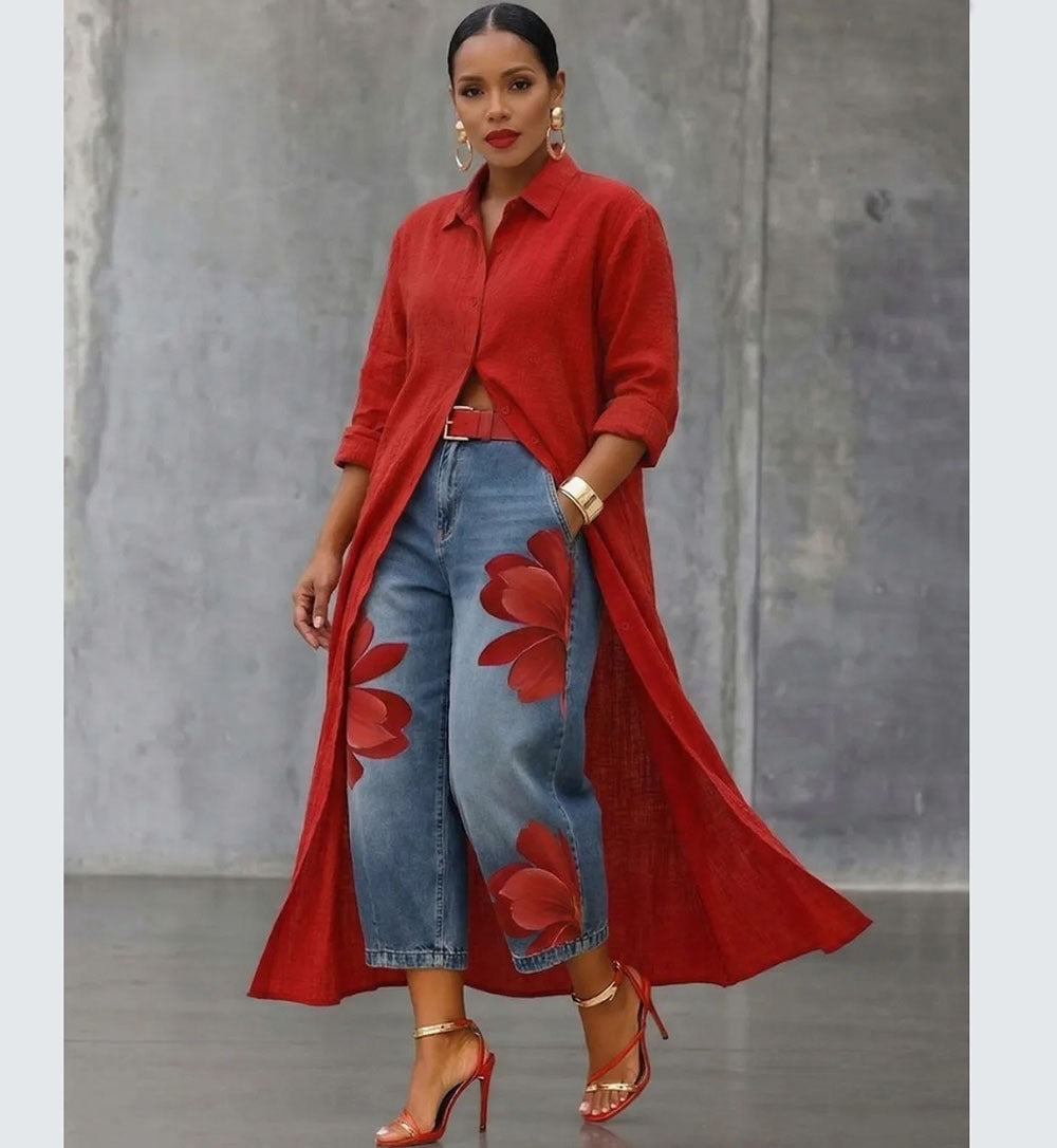 Women's Floral Denim Pants Street Style Printed Design Cropped Jeans