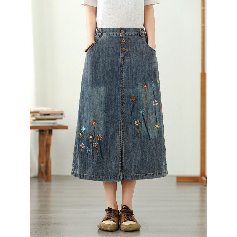 Simple Floral Embroidery Crochet Denim A-Line Skirt Women Loose High Waist Button