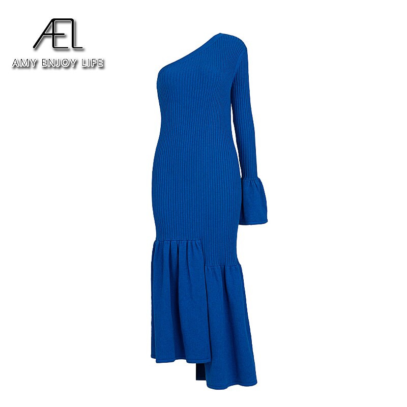 AEL Wool Knitted Party Dress Women Spring Elegant Sexy One Shoulder Fishtail Long Dress Elastic Slim Blue