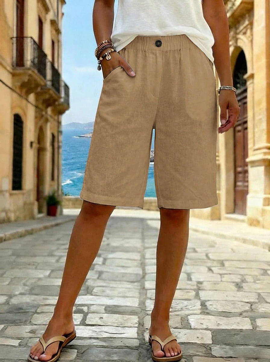Casual Solid Color Mid-Waist Linen-Like Shorts for Women Summer Fashion Short Pants