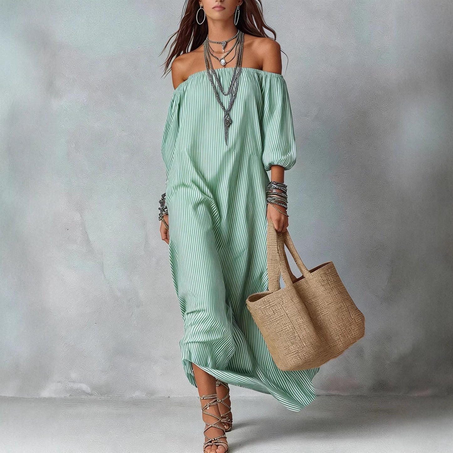 Elegant Striped Off-Shoulder Loose Vacation Fashion Dress for Women