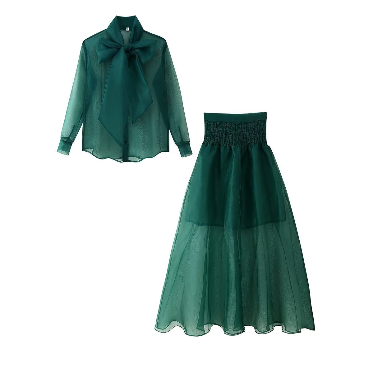 Women's Transparent Gauze Bow Blouse + Skirt