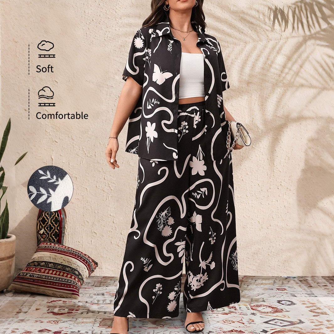 Women's Plus Size Printed Loose Short Sleeve Cardigan and Wide Leg Pants Set