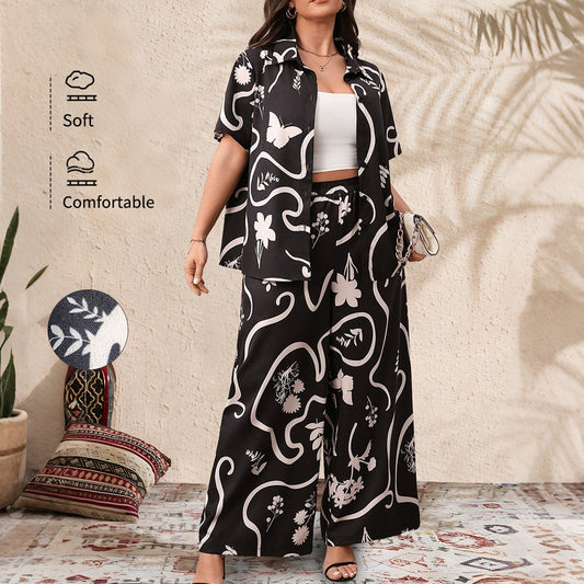 Women's Plus Size Printed Loose Short Sleeve Cardigan and Wide Leg Pants Set