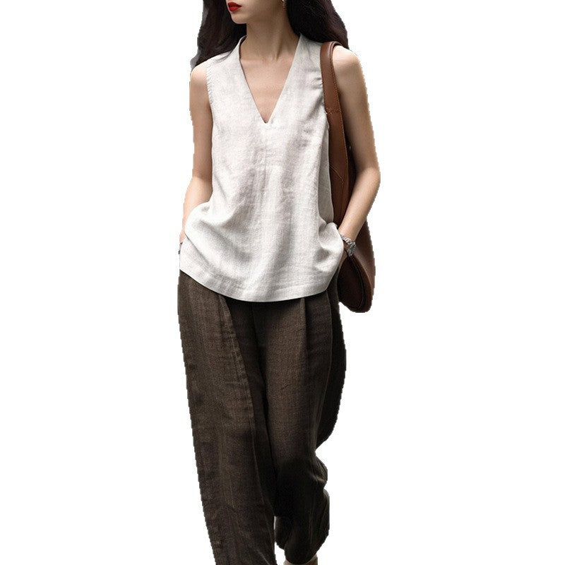Linen V-Neck Halter Tank Top for Women Summer Vacation Strapless Blouse Tee