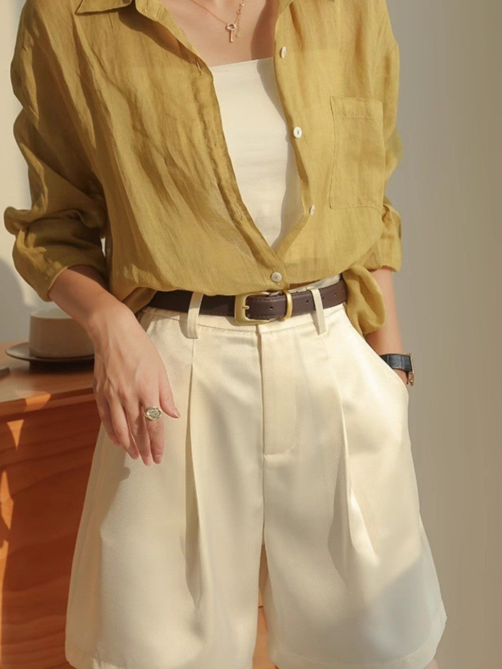 Yellow Ramie Shirt for Women Long Sleeve Lightweight Casual Blouse