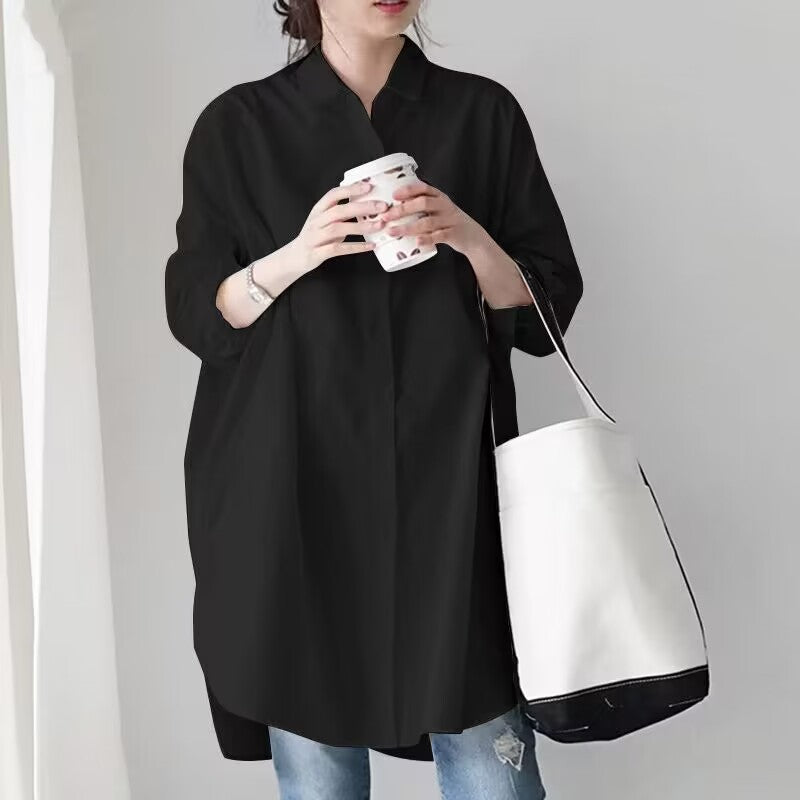 Women's New Long-sleeved White Shirt Medium and Long Length Fashionable Lazy and Loose Design with Pockets