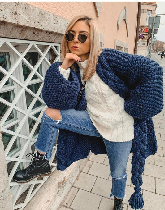 Autumn and Winter handmade stick needle tassel knitted cardigan coat sweater for women warm loose