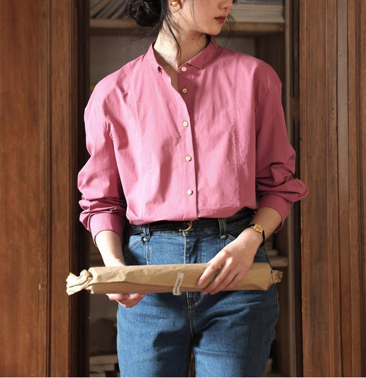 Vintage Cotton Stand Collar Long Sleeve Shirt for Women Spring New StyleSolid Color Long Sleeve Blouse Top