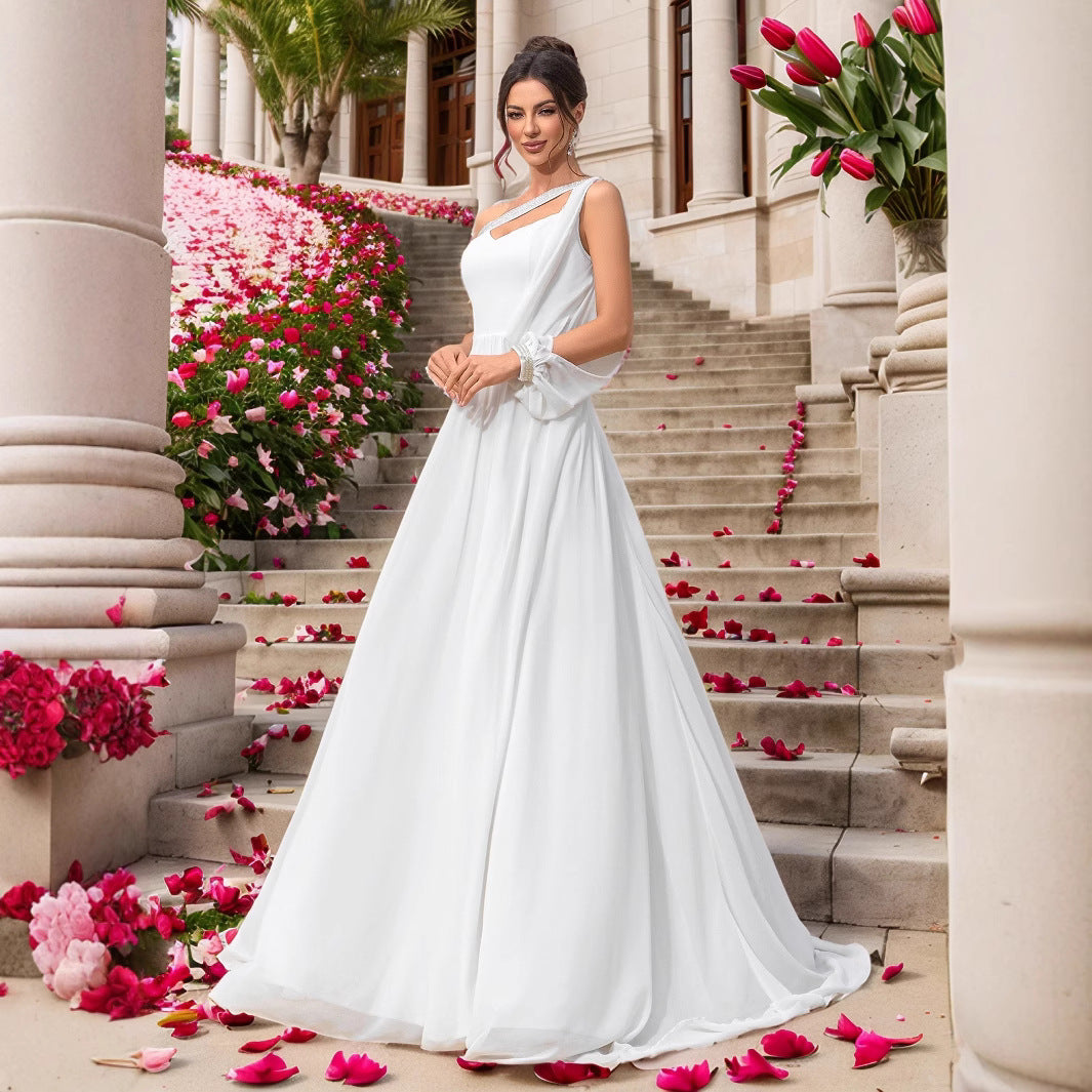 Elegant Chiffon One-Shoulder Sleeve Dress for Evening Wedding Bridal Party Bridesmaid Gown