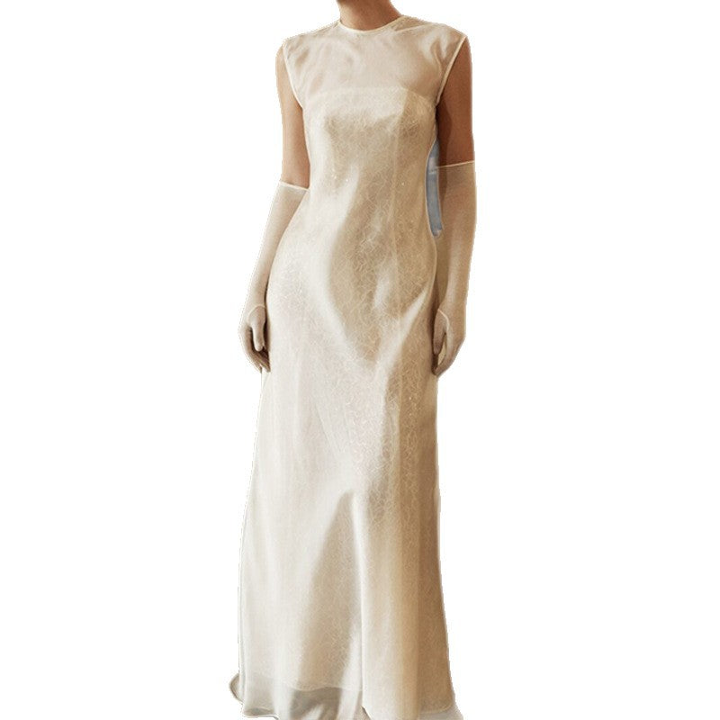 French Sleeveless Dress Women Elegant Pure White Slim Round Neck Strap Dress Long Dress Formal Wear