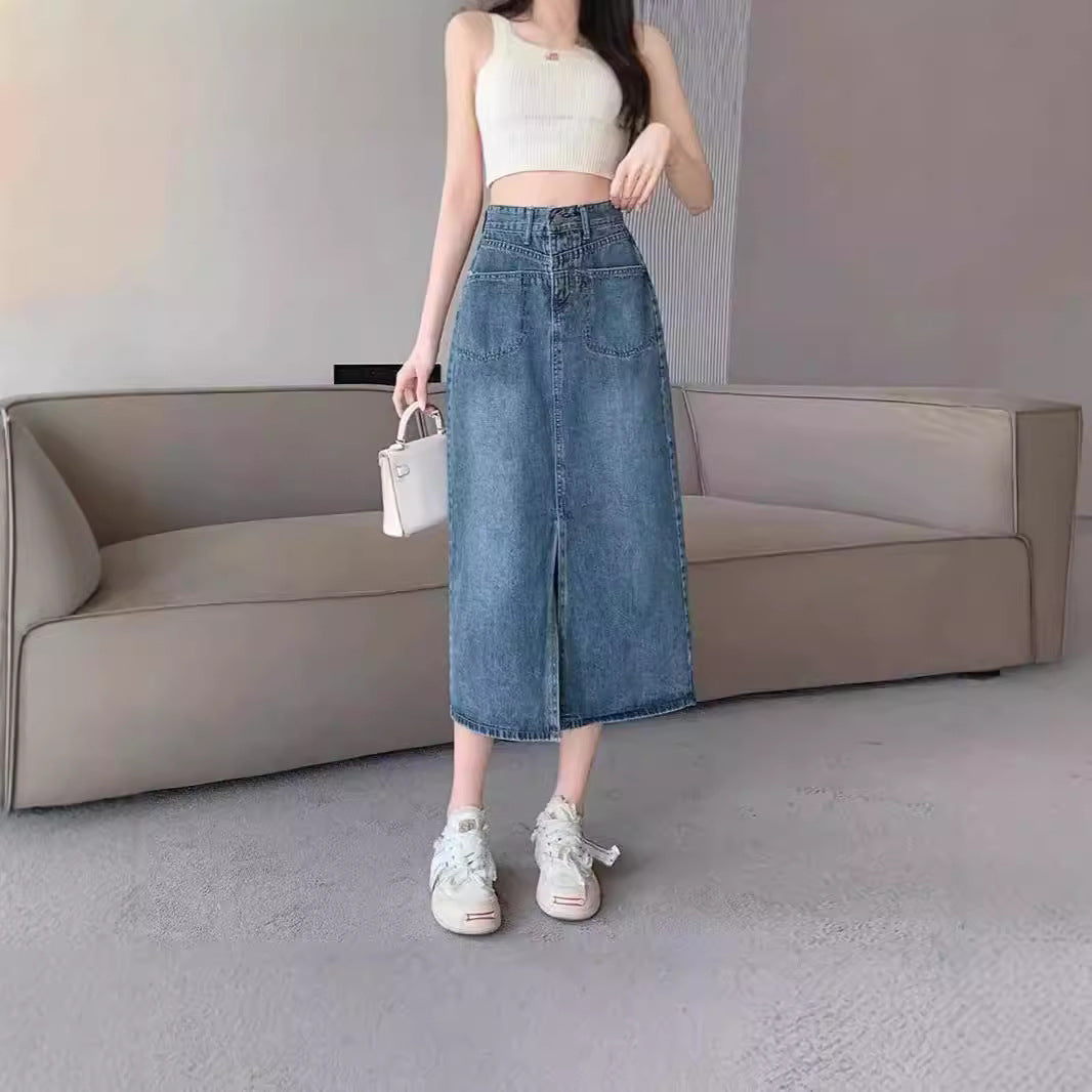 High-Waisted Front Slit Denim Skirt  Versatile Denim A-Line Skirt Women's Slimming Midi Skirt