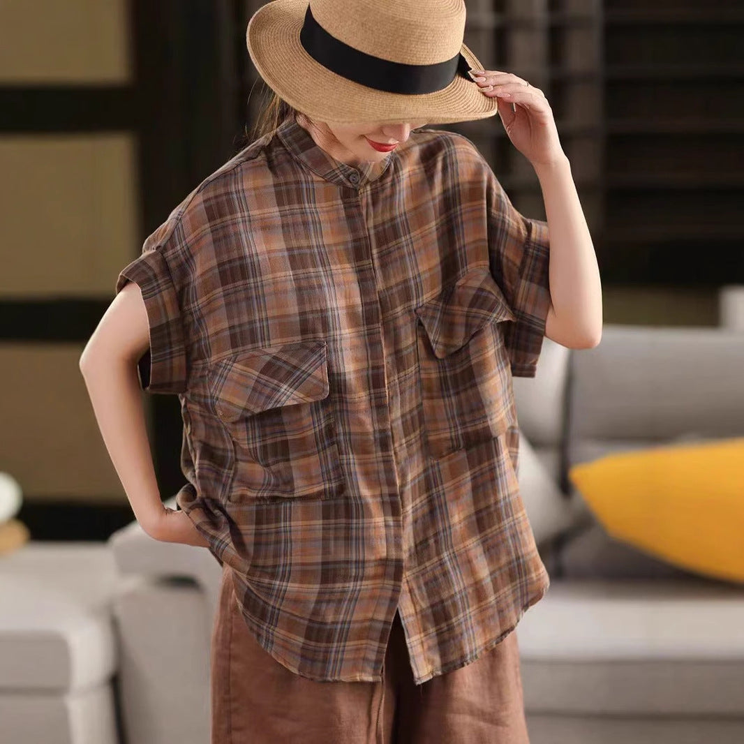 Vintage Plaid Cotton Shirt with Stand Collar and Large Pockets Short Sleeve Blouse Literary Plaid Top