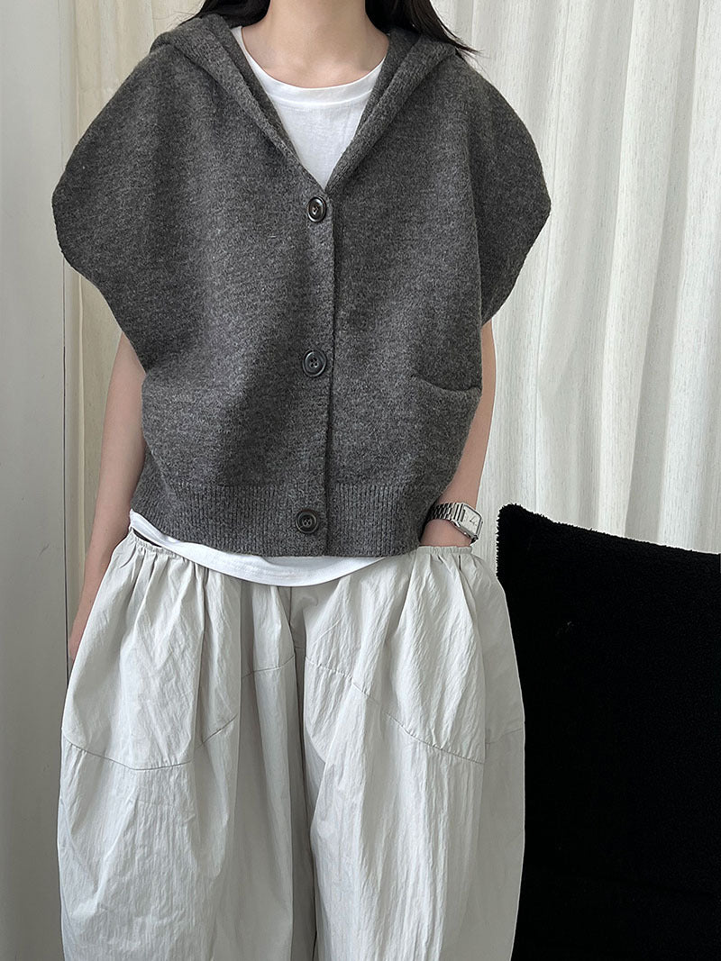 Loose Oversized Hooded Sleeveless Knit Cardigan for Women, Autumn New Layering Short Vest