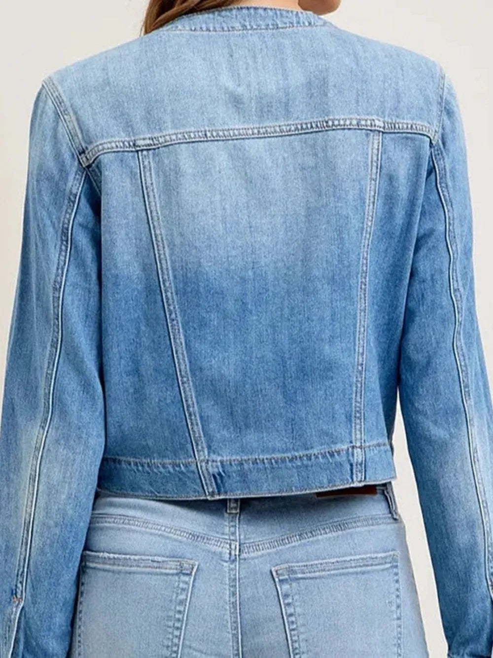 Slim fit short collarless long sleeved denim jacket retro multi pocket workwear jacket ﻿