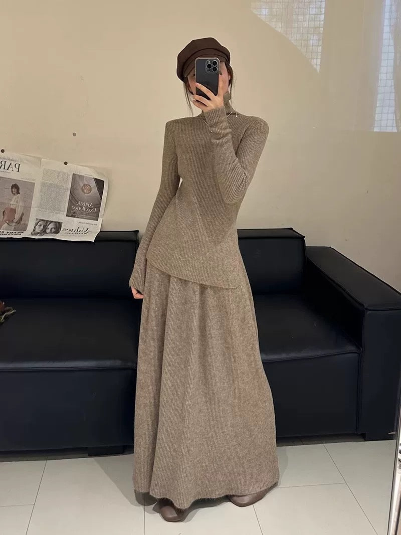 Turtleneck Knit Top and Half Skirt Two-Piece Set for Women, Elegant Slimming Knitwear Suit