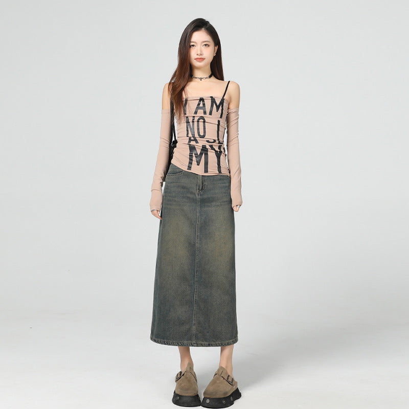 Women's Vintage Blue Slimming Denim Skirt with Slit Design Straight Skirt