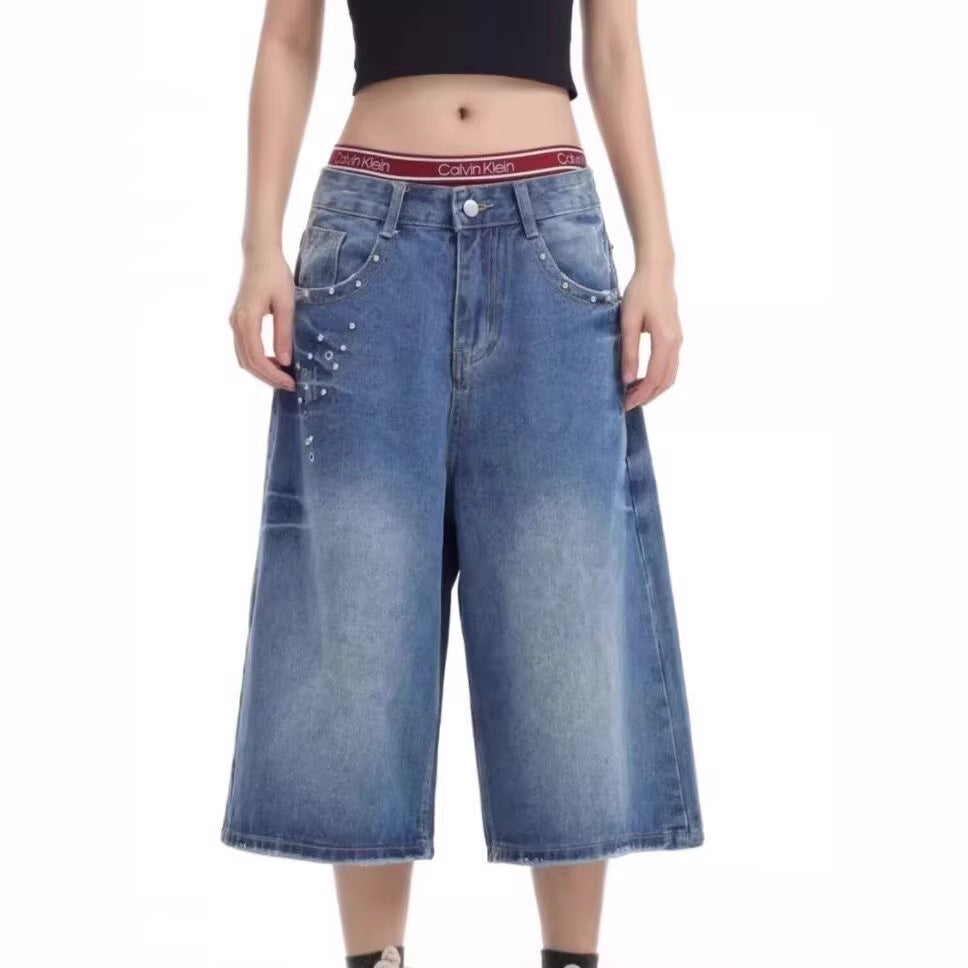 Blue Lightning Crack Denim Shorts for Men