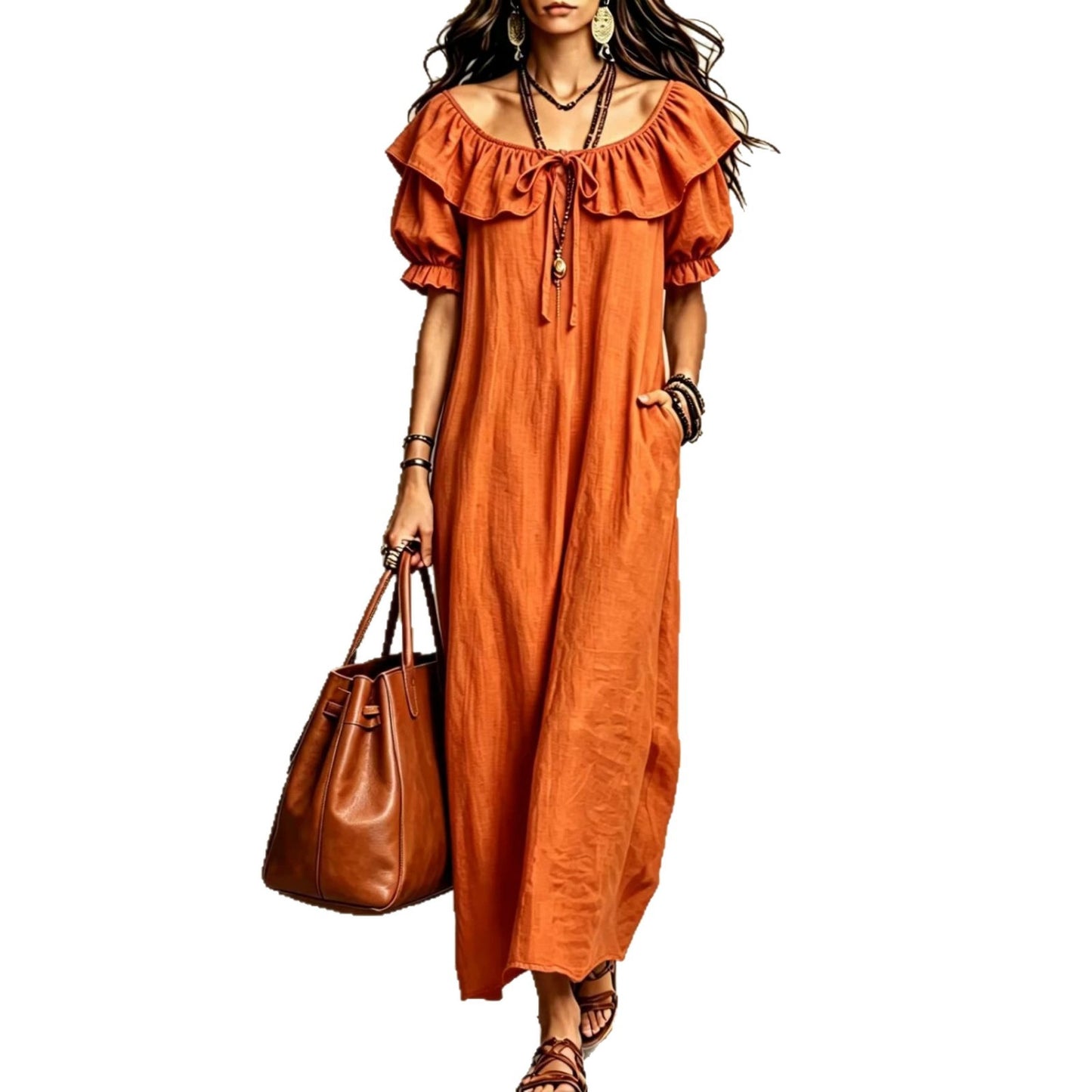 Casual Elegant Round Neck Ruffle Beach Vacation Dress for Women