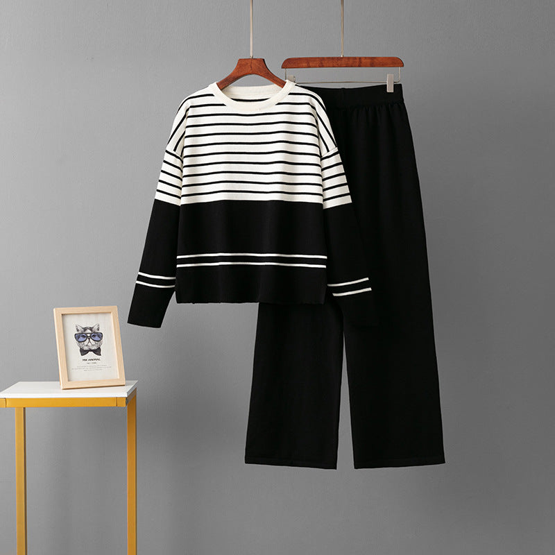 Two piece striped round neck sweater set