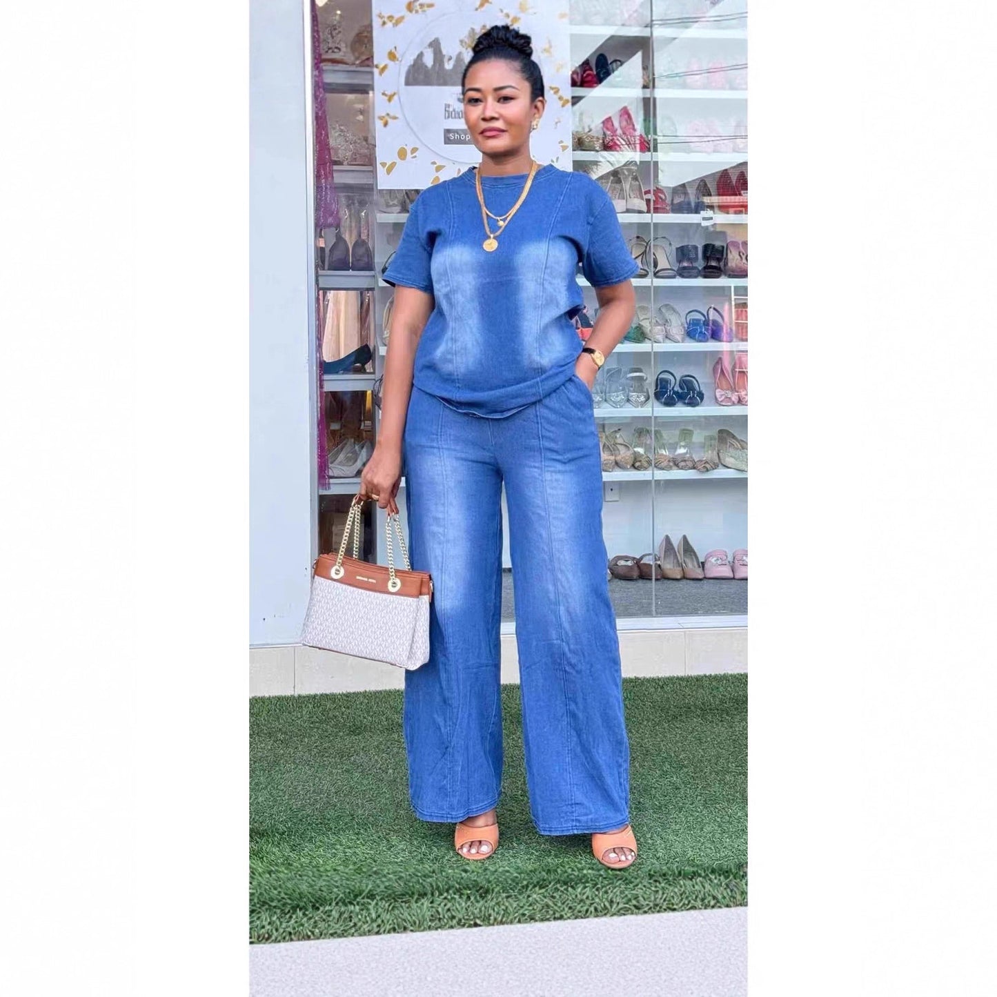 Fashion Washed Blue Loose Short Sleeve Denim Women's Set Casual Style