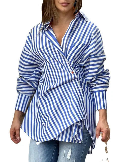 Striped long sleeved irregularly cut lapel shirt