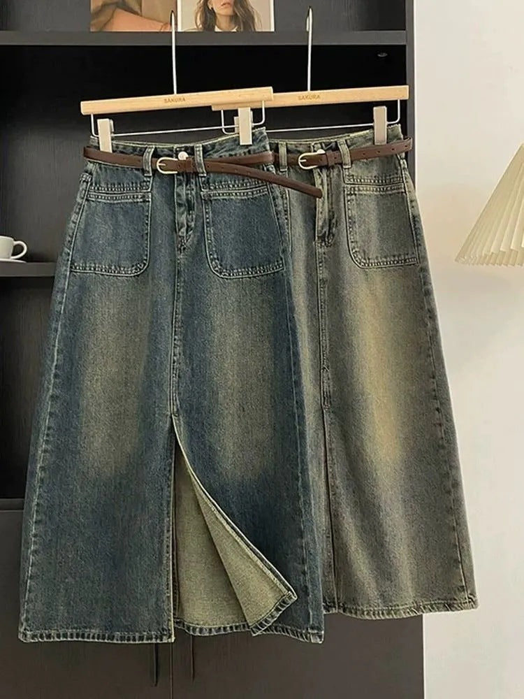 Cement Gray High-Waisted Mid-Length A-Line Denim Skirt with Slit Design for Women, Casual and Versatile Step Skirt