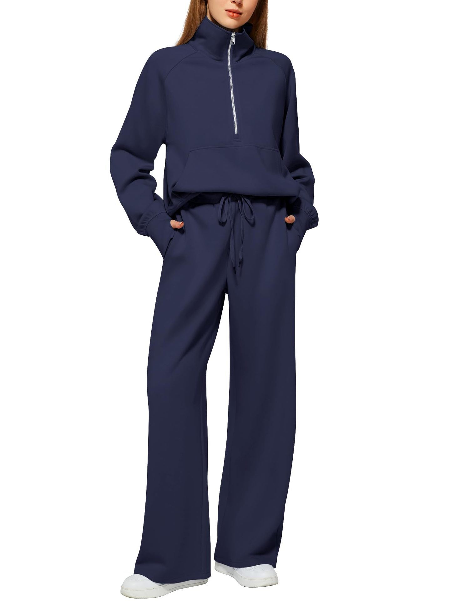 Women's Two-Piece Set with Oversized Half-Zip Hoodie and Wide-Leg Sweatpants Casual Outfit