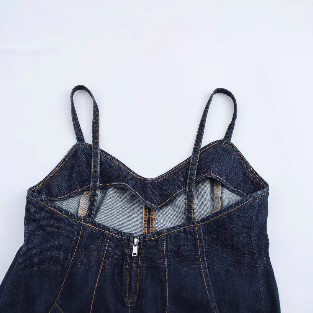 Fashionable and versatile wave style wide swing suspender denim top for women