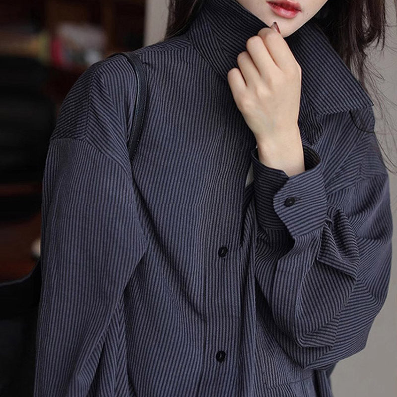 Elegant Black Striped Shirt for Women, Autumn New Arrival, High-End Design, Loose Layering Long Sleeve Blouse
