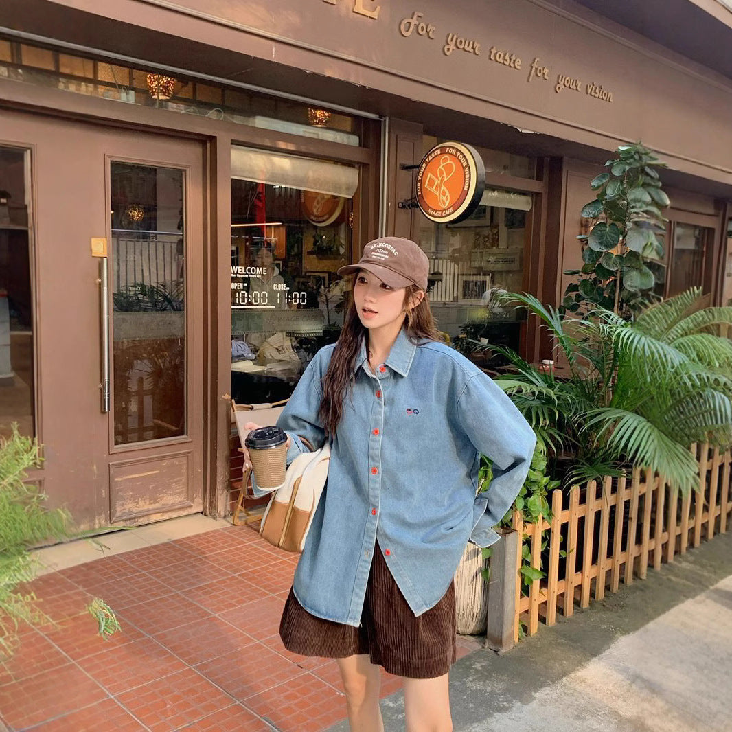 Style Blue Denim Shirt Women's  Loose  Versatile Casual Polo Collar Long Sleeve Jacket