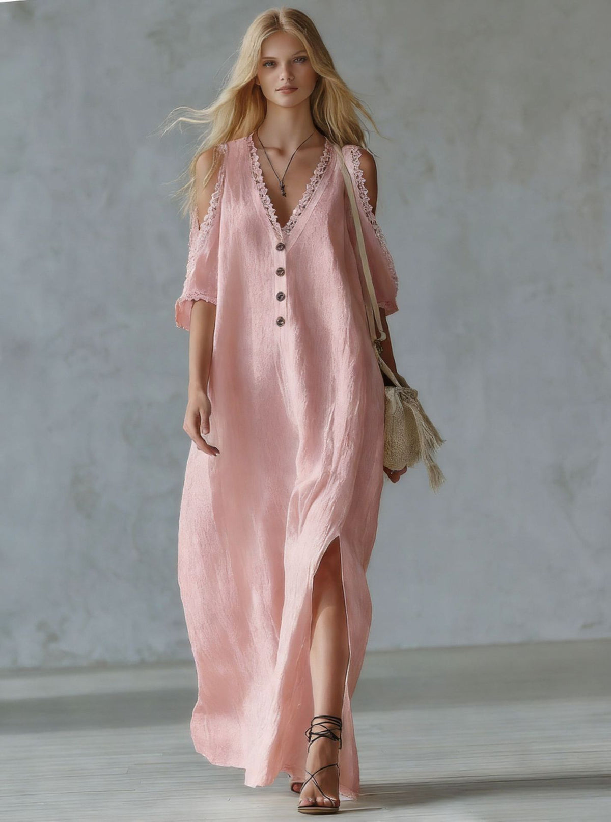 Style Lace Trim Loose Off-Shoulder Casual Women's Dress Long Dress