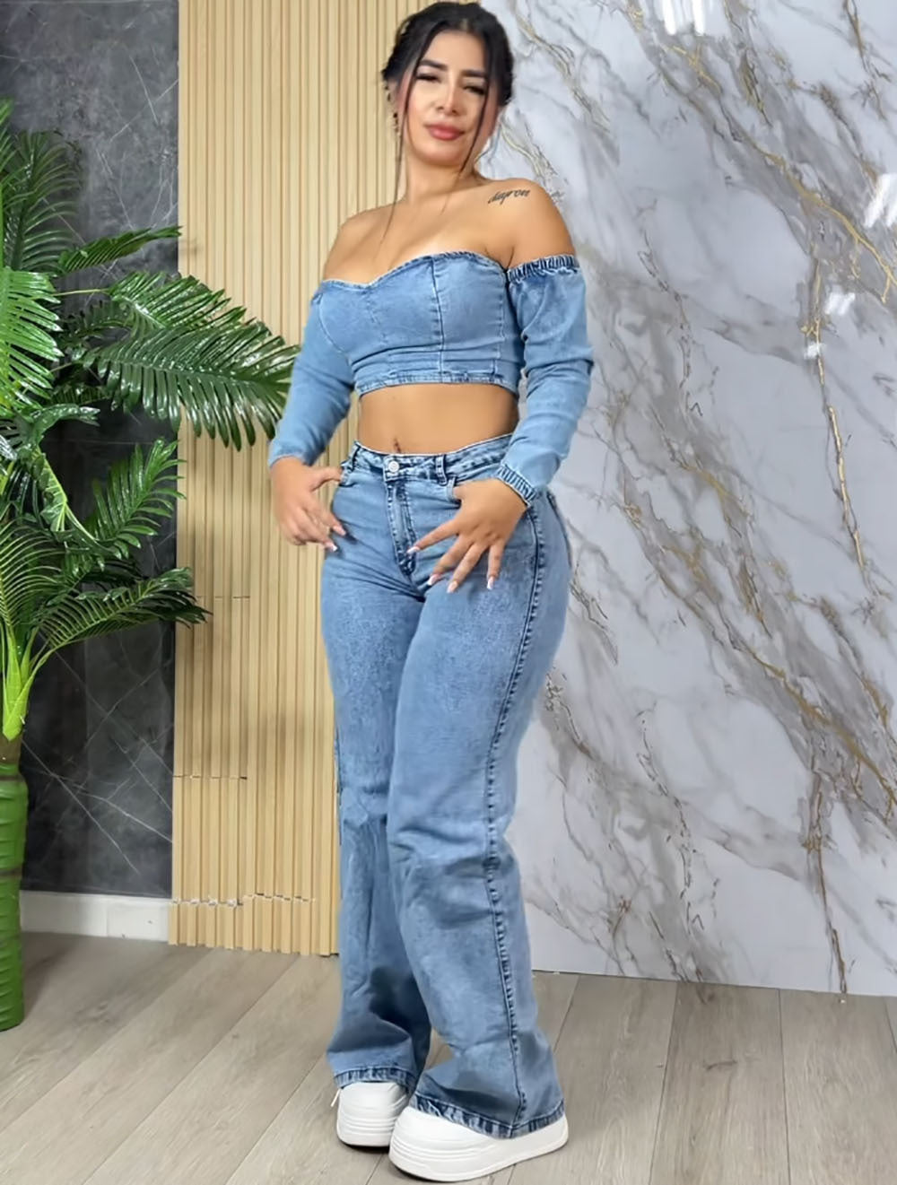 Women's Denim Top Fashion Sexy Crop Long Sleeve One Shoulder Top