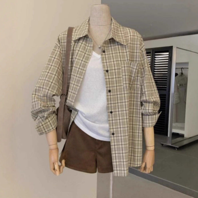Checkered Shirt Women  Style Lazy Long Sleeve Polo Collar Blouse Unique Versatile Loose Open Front Top