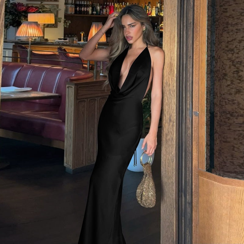 women's sexy low-cut deep V-neck halter tie-back large open back fitted slimming evening dress gown