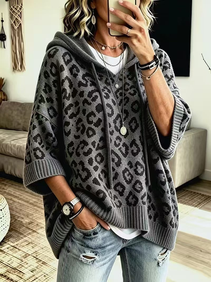 Leopard print hooded drawstring knit pullover hoodie knit