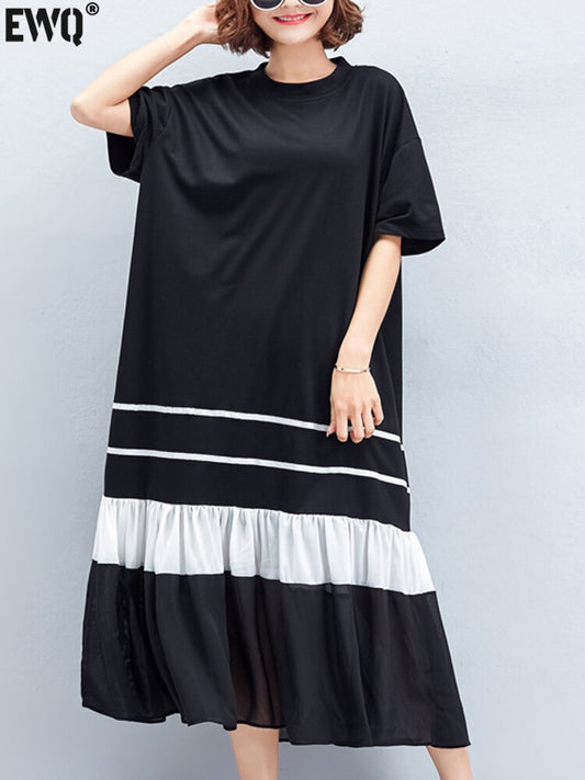 [EWQ] Women Black White T-shirt Dress Big Size Loose Short Sleeve Hem Gauze Patchwork O-neck Dresses  Summer New Tide Robe