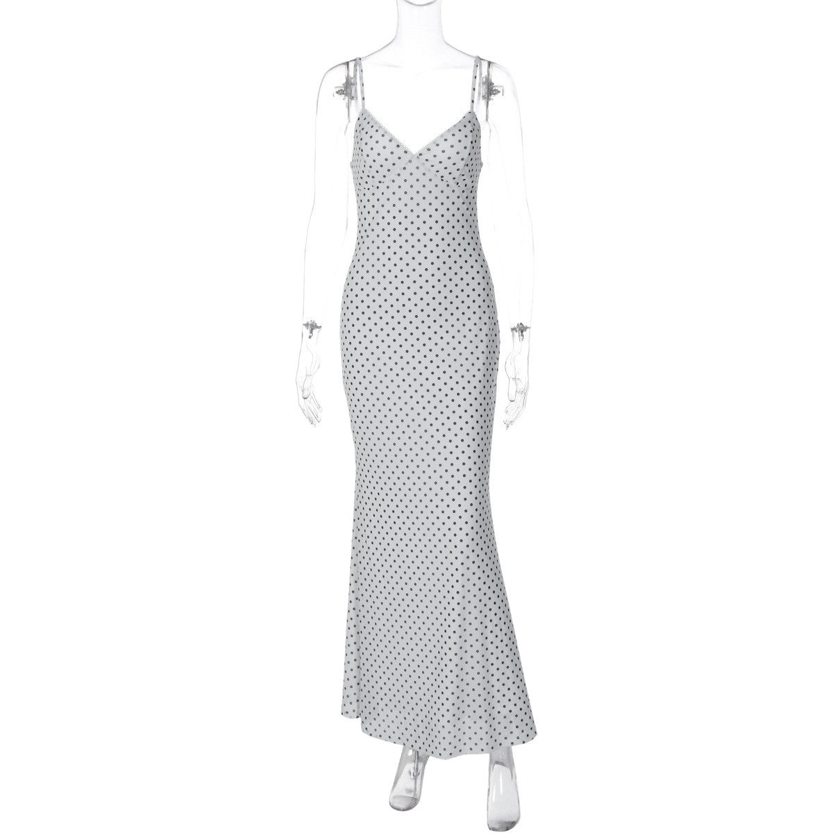 Summer Long Dress, Strapless V-Neck Backless Polka Dot Fashion Elegant Vacation Bodycon Slim Fit Dress
