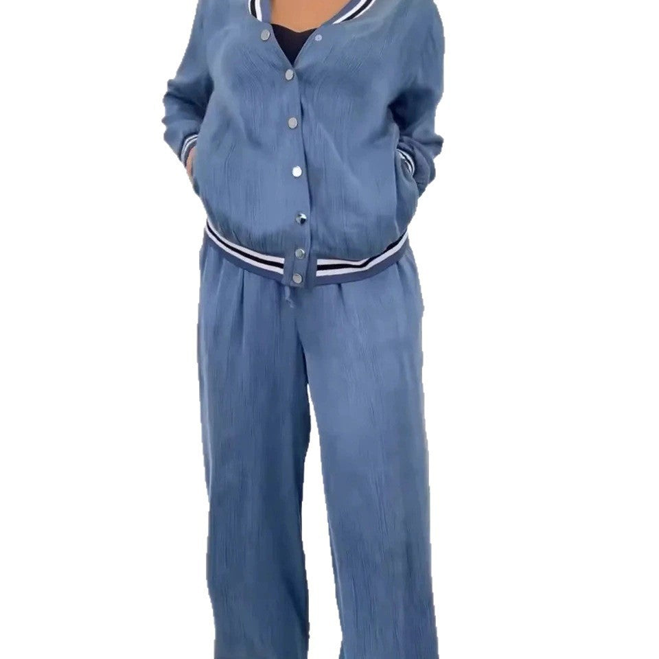 Style Patchwork Round Neck Cardigan Casual Top Wide Leg Pants Set for Women