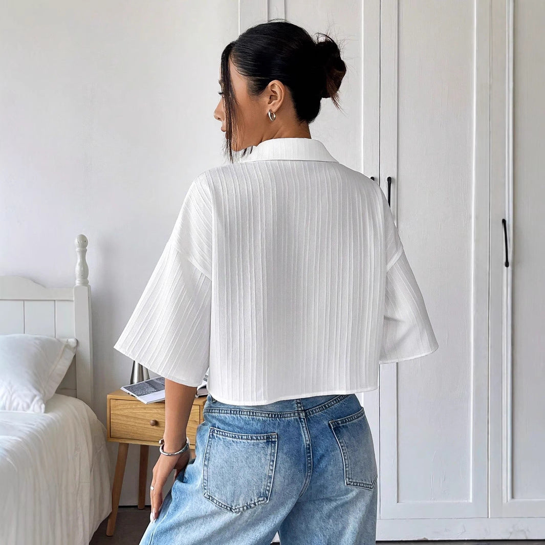 European and American Style Women's White Short-Sleeved Blouse Top